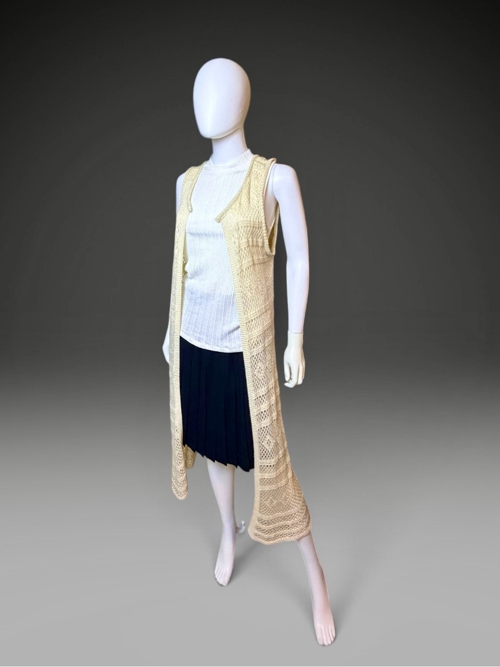 Lumiere Ivory Crochet Knit Long Sleeveless Duster Size L